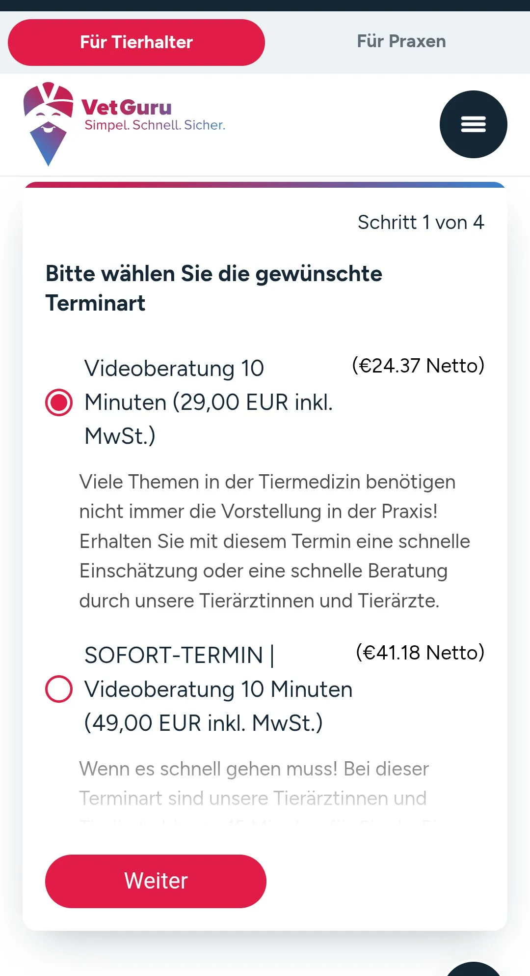 Handy-Ansicht der VetGuru-Terminbuchung für Tierhalter: Auswahl der Terminart